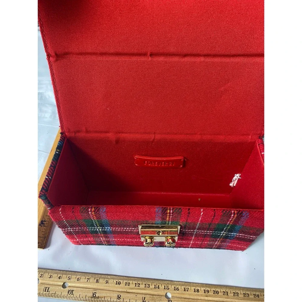 Vintage Red Plaid Wool Clutch Purse With Red Faux Leather Trim‎